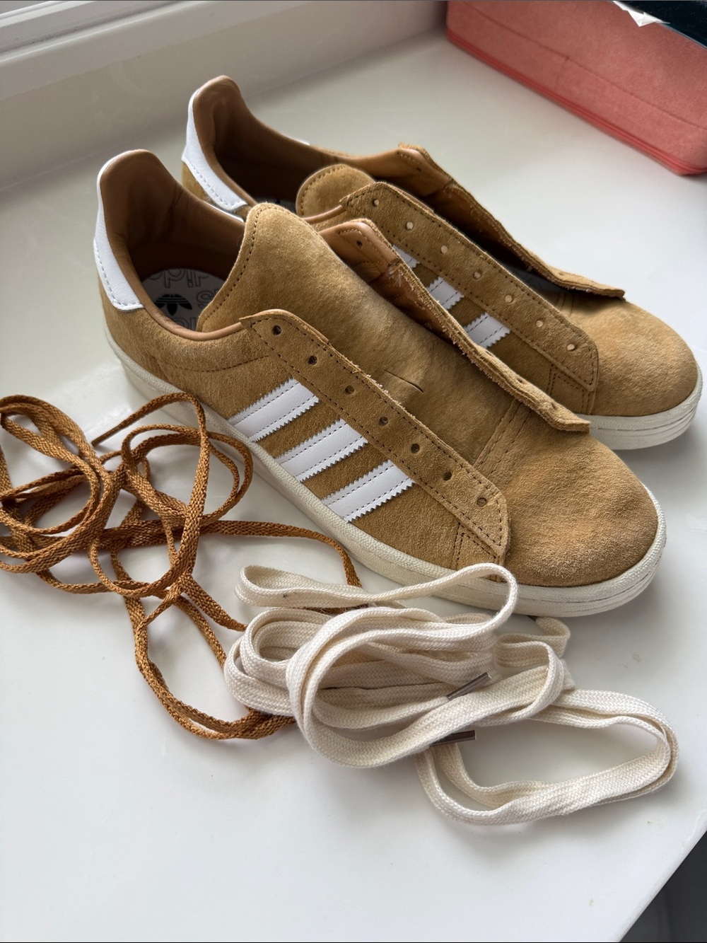 adidas Tan Suede Low-Top Sneakers with White Stripes